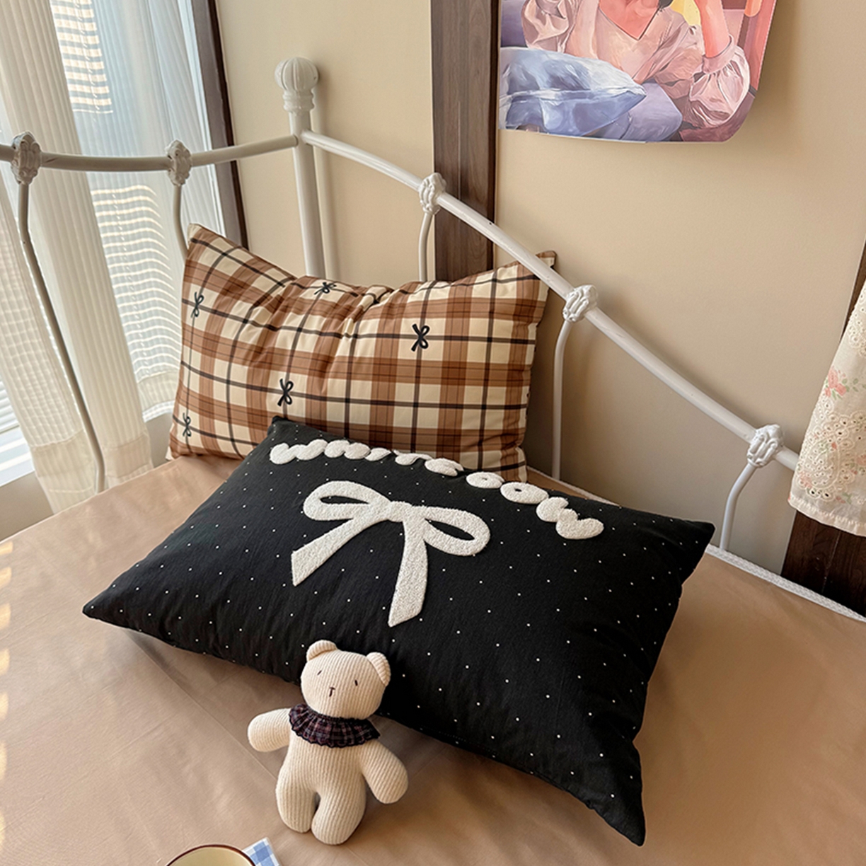 91家纺网 家纺一手货源 找家纺 桃子家居 2026新款A类全棉纯棉水洗棉蝴蝶结条纹小清新混搭毛巾绣枕套少女系四件套 水洗棉-焦糖蝴蝶结棕