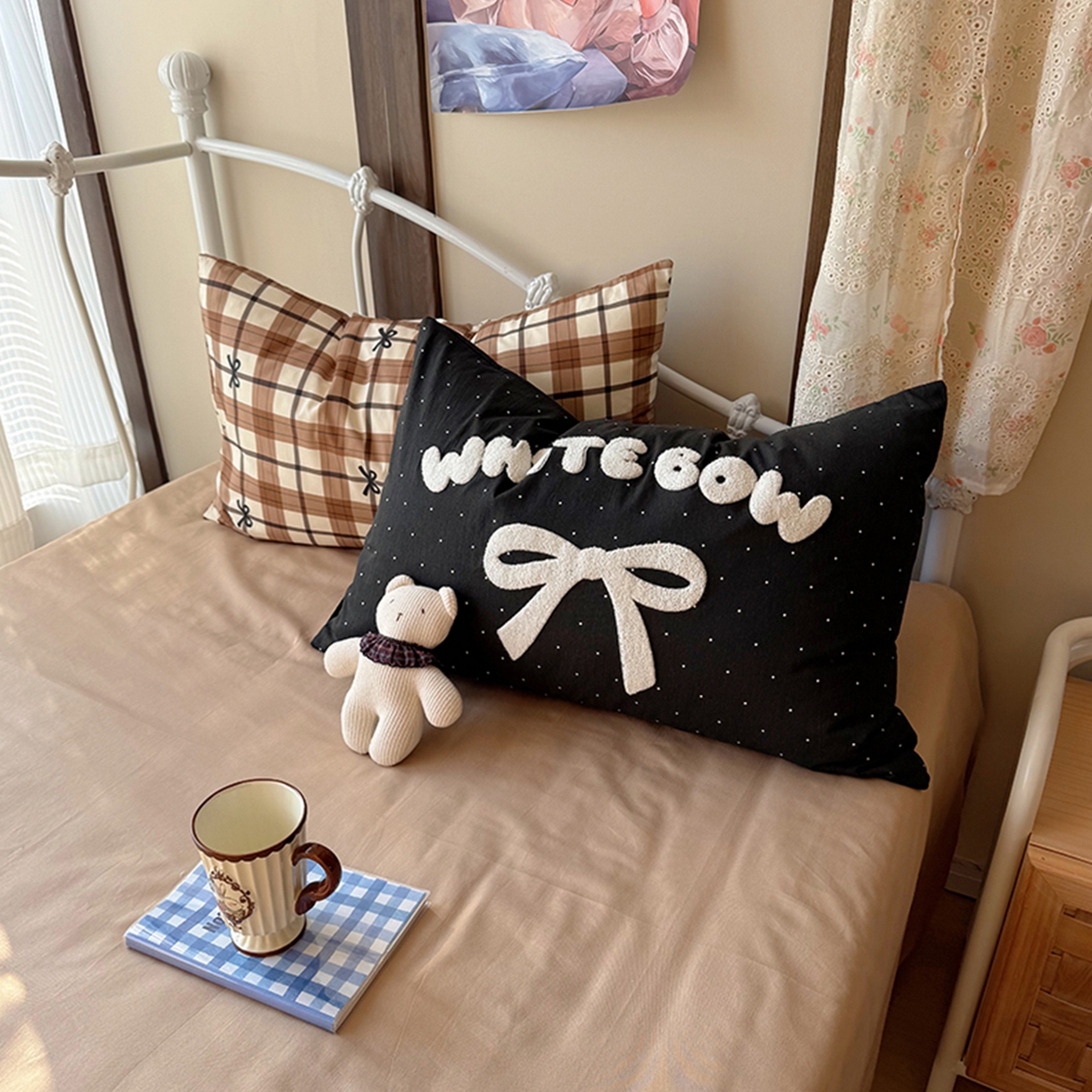 91家纺网 家纺一手货源 找家纺 桃子家居 2026新款A类全棉纯棉水洗棉蝴蝶结条纹小清新混搭毛巾绣枕套少女系四件套 水洗棉-焦糖蝴蝶结棕