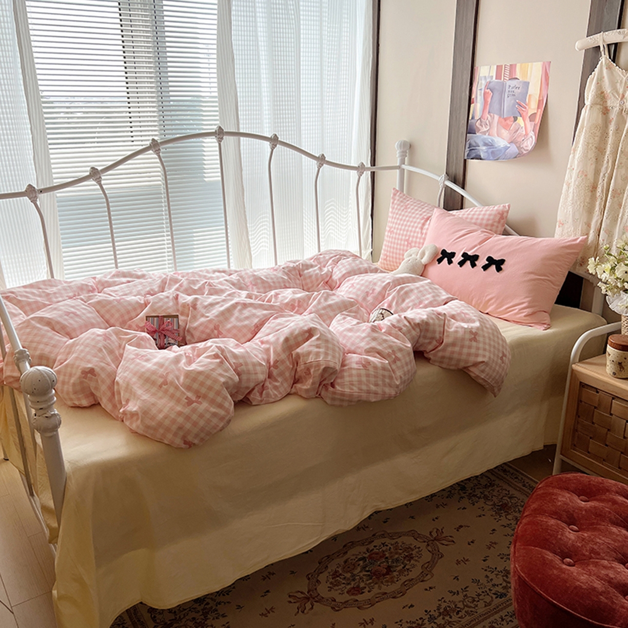 91家纺网 家纺一手货源 找家纺 桃子家居 2026新款A类全棉纯棉水洗棉蝴蝶结条纹小清新混搭毛巾绣枕套少女系四件套 水洗棉-蝴蝶结粉粉