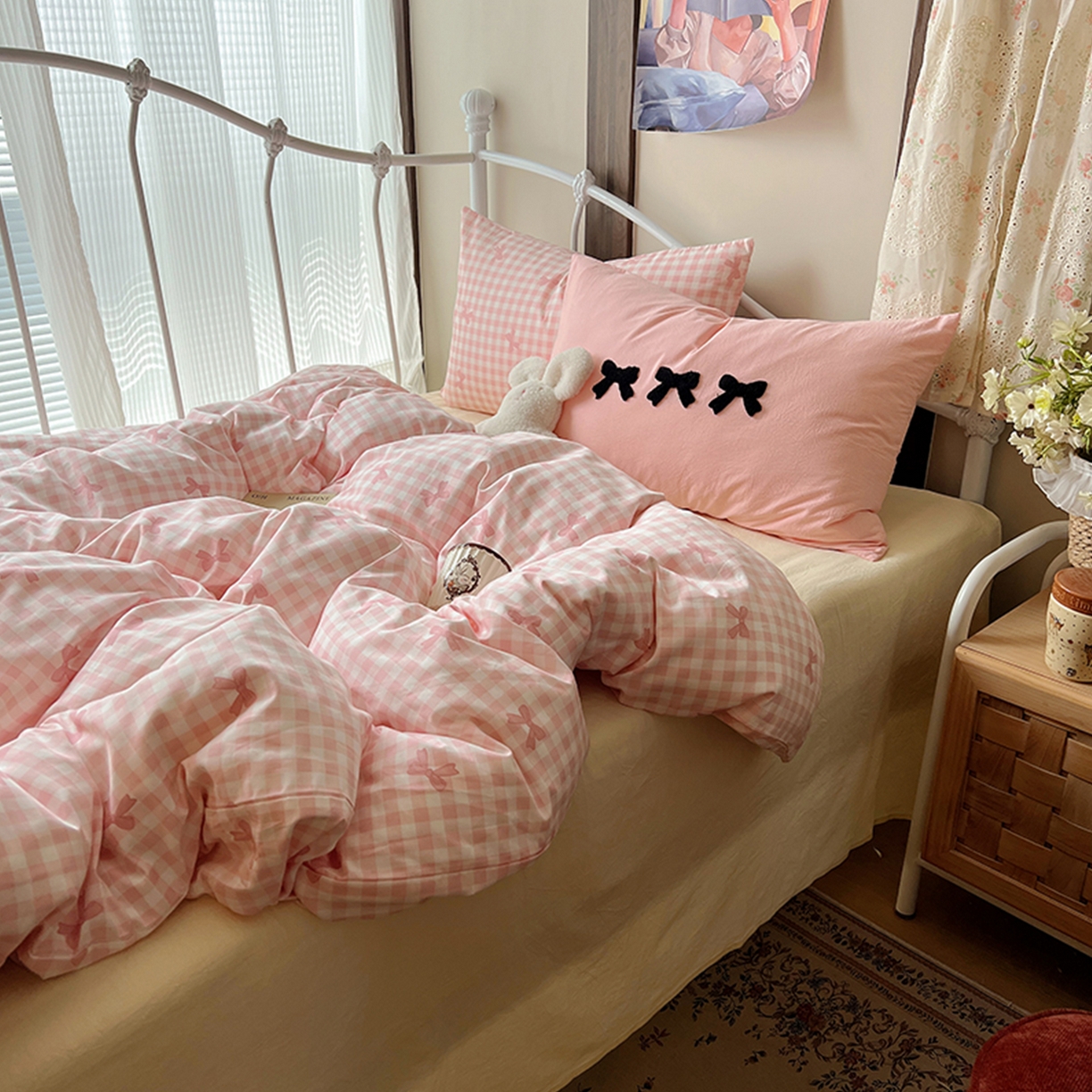 91家纺网 家纺一手货源 找家纺 桃子家居 2026新款A类全棉纯棉水洗棉蝴蝶结条纹小清新混搭毛巾绣枕套少女系四件套 水洗棉-蝴蝶结粉粉