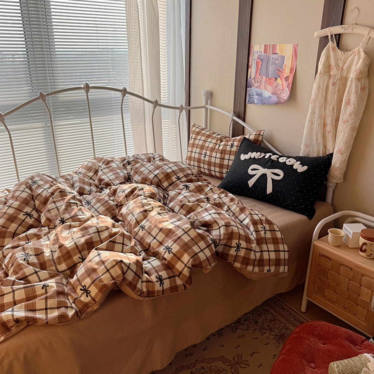 91家纺网 家纺一手货源 找家纺 桃子家居 2026新款A类全棉纯棉水洗棉蝴蝶结条纹小清新混搭毛巾绣枕套少女系四件套 水洗棉-焦糖蝴蝶结棕