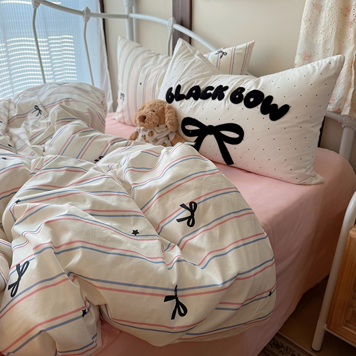 91家纺网 家纺一手货源 找家纺 桃子家居 2026新款A类全棉纯棉水洗棉蝴蝶结条纹小清新混搭毛巾绣枕套少女系四件套 水洗棉-蜜桃气泡条