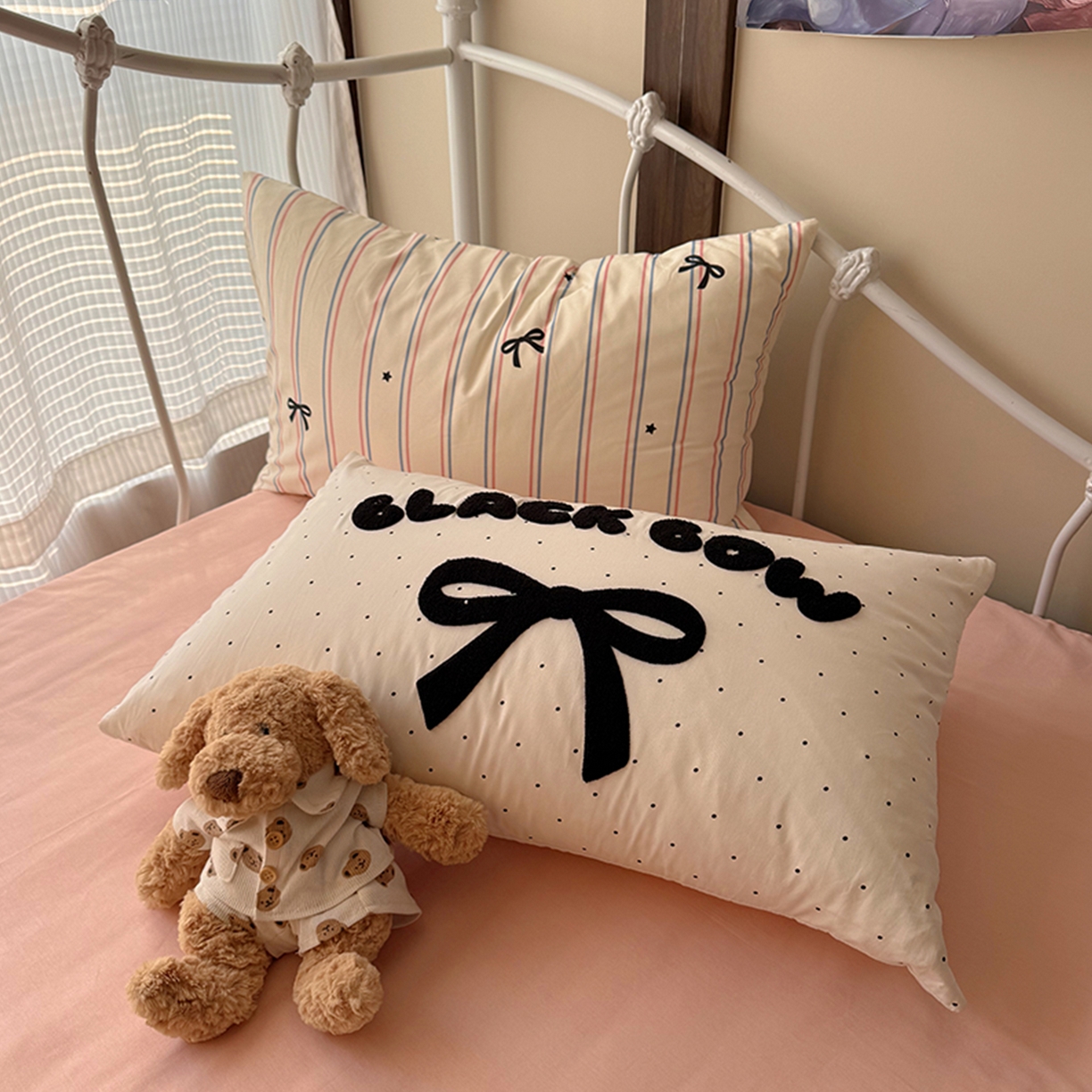 91家纺网 家纺一手货源 找家纺 桃子家居 2026新款A类全棉纯棉水洗棉蝴蝶结条纹小清新混搭毛巾绣枕套少女系四件套 水洗棉-蜜桃气泡条