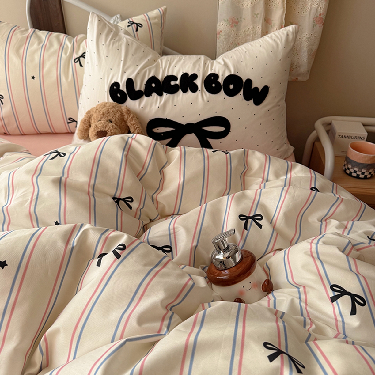 91家纺网 家纺一手货源 找家纺 桃子家居 2026新款A类全棉纯棉水洗棉蝴蝶结条纹小清新混搭毛巾绣枕套少女系四件套 水洗棉-蜜桃气泡条