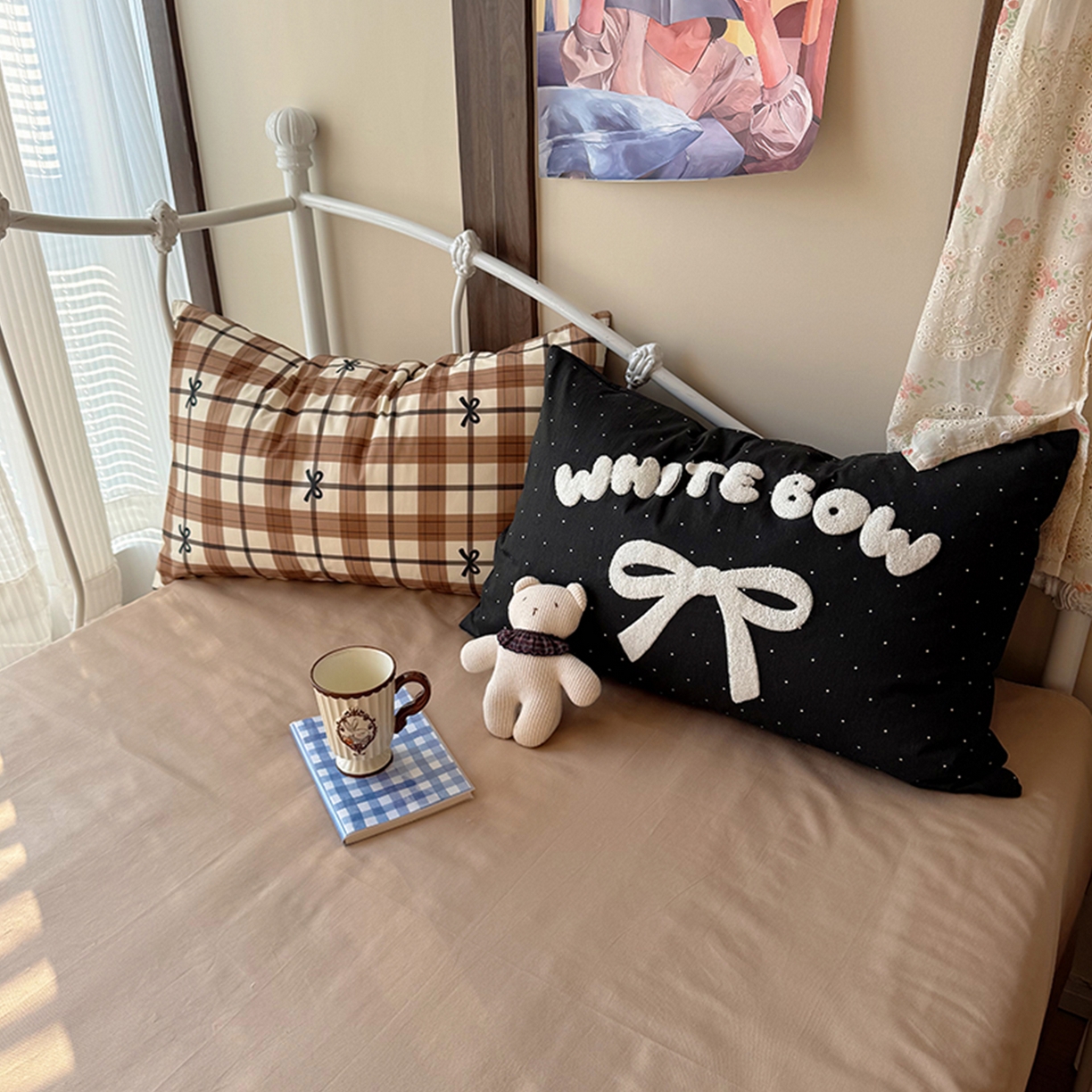 91家纺网 家纺一手货源 找家纺 桃子家居 2026新款A类全棉纯棉水洗棉蝴蝶结条纹小清新混搭毛巾绣枕套少女系四件套 水洗棉-焦糖蝴蝶结棕