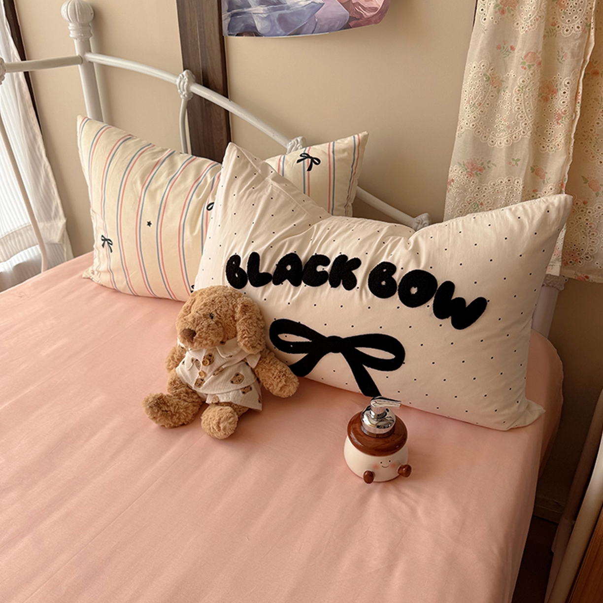 91家纺网 家纺一手货源 找家纺 桃子家居 2026新款A类全棉纯棉水洗棉蝴蝶结条纹小清新混搭毛巾绣枕套少女系四件套 水洗棉-蜜桃气泡条