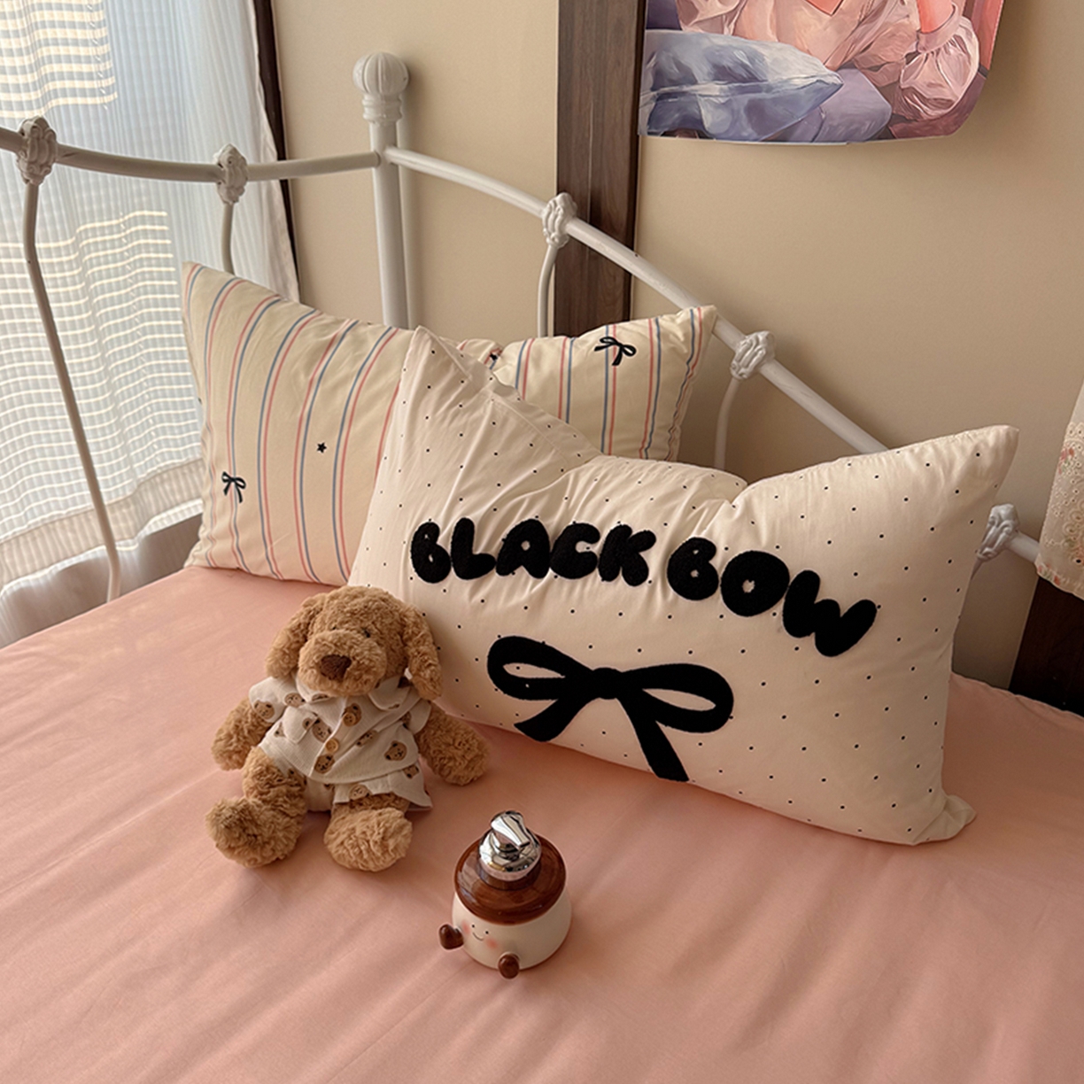 91家纺网 家纺一手货源 找家纺 桃子家居 2026新款A类全棉纯棉水洗棉蝴蝶结条纹小清新混搭毛巾绣枕套少女系四件套 水洗棉-蜜桃气泡条