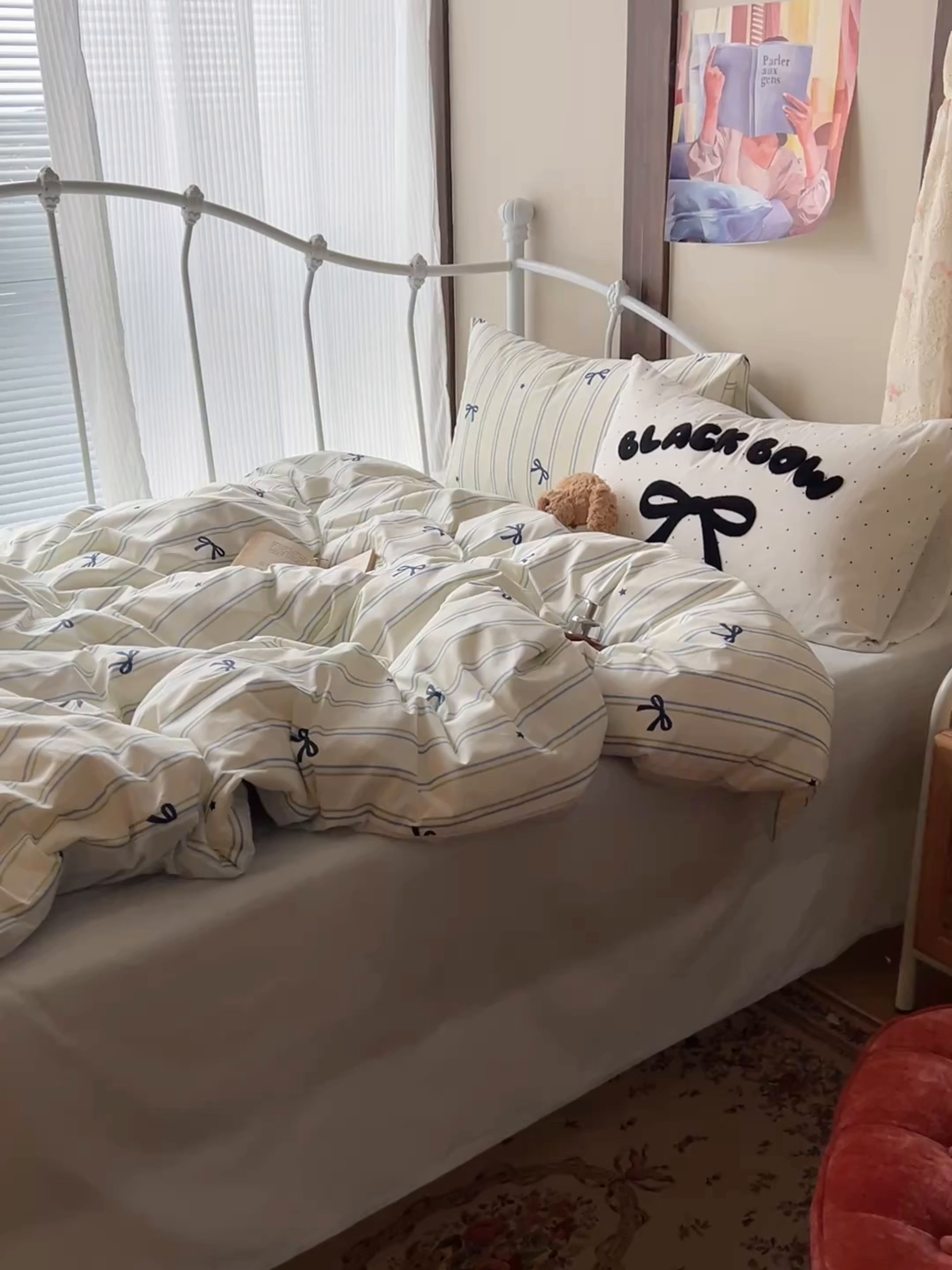 91家纺网 家纺一手货源 找家纺 桃子家居 2026新款A类全棉纯棉水洗棉蝴蝶结条纹小清新混搭毛巾绣枕套少女系四件套 水洗棉-海盐薄荷条