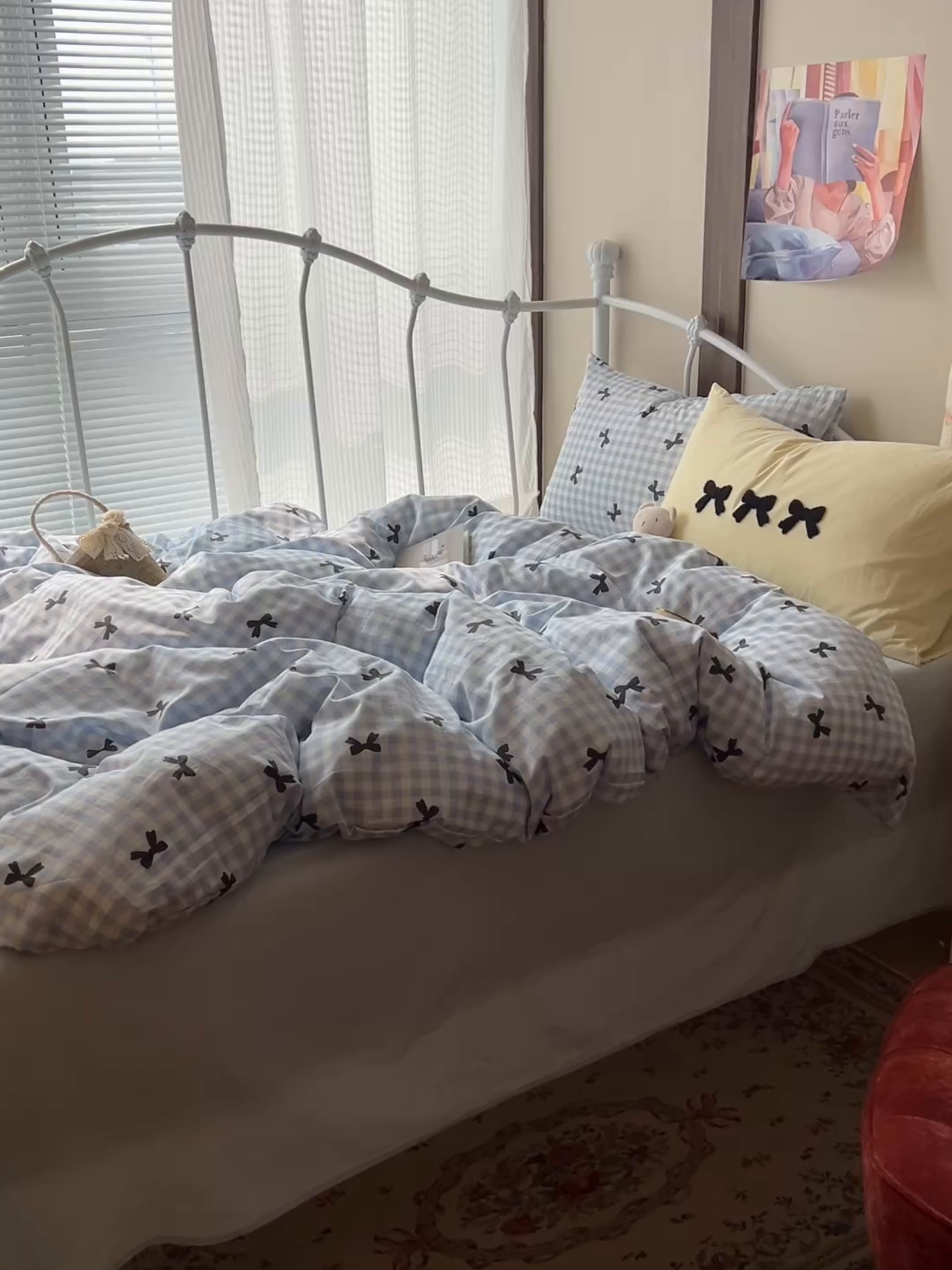 91家纺网 家纺一手货源 找家纺 桃子家居 2026新款A类全棉纯棉水洗棉蝴蝶结条纹小清新混搭毛巾绣枕套少女系四件套 水洗棉-蝴蝶结蓝黑