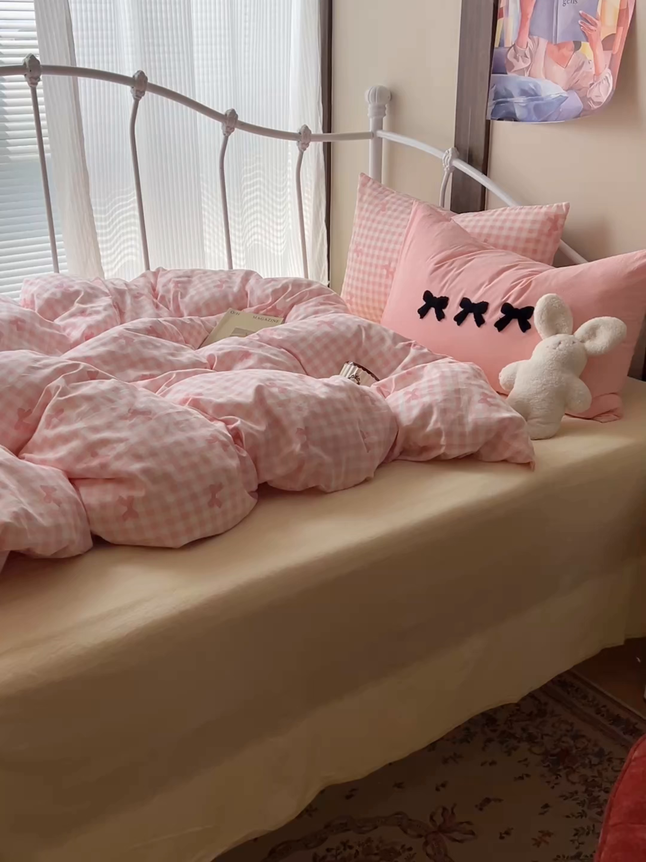 91家纺网 家纺一手货源 找家纺 桃子家居 2026新款A类全棉纯棉水洗棉蝴蝶结条纹小清新混搭毛巾绣枕套少女系四件套 水洗棉-蝴蝶结粉粉