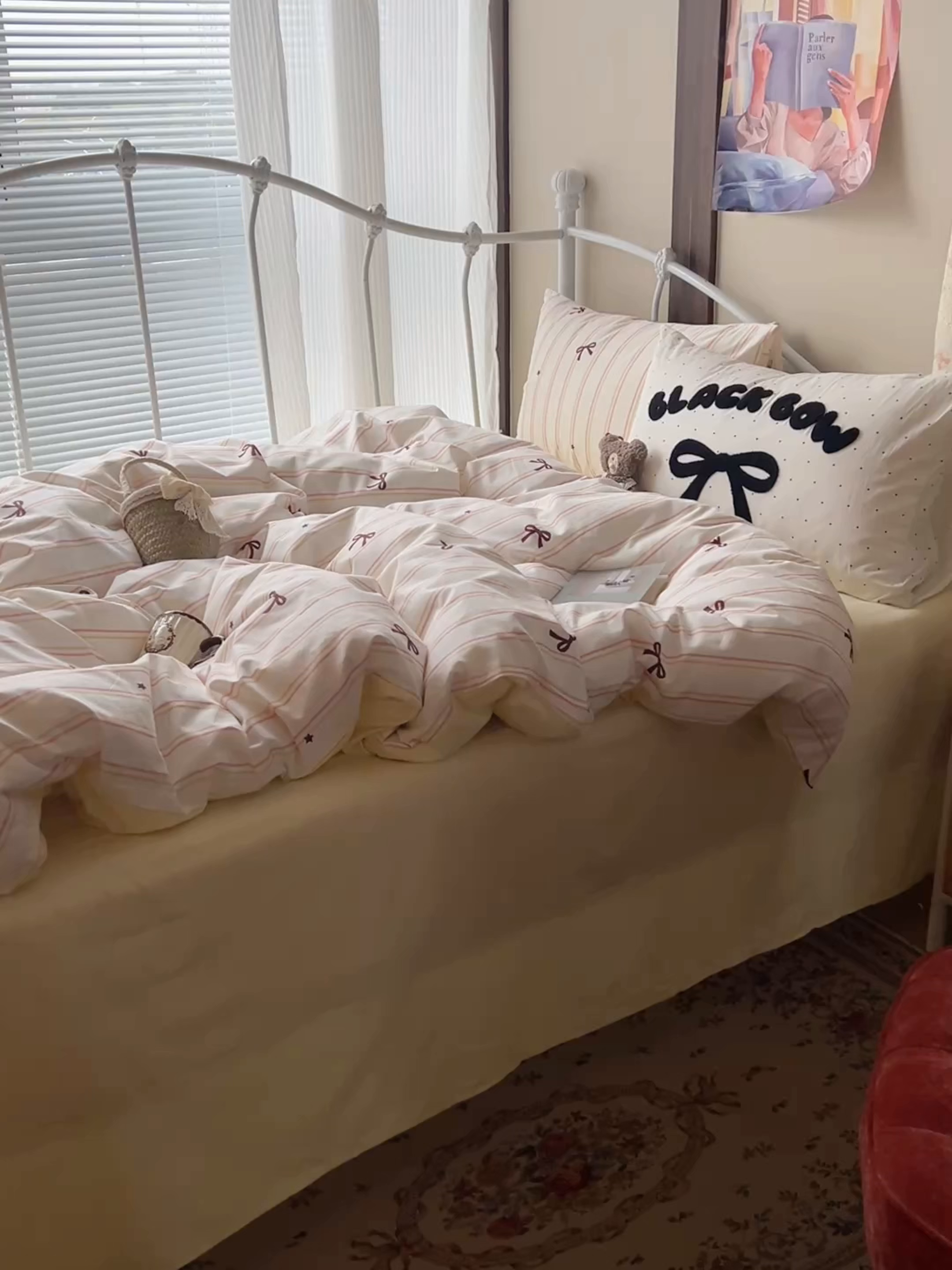 91家纺网 家纺一手货源 找家纺 （总）桃子家居 2026新款A类全棉纯棉水洗棉蝴蝶结条纹小清新混搭毛巾绣枕套少女系四件套