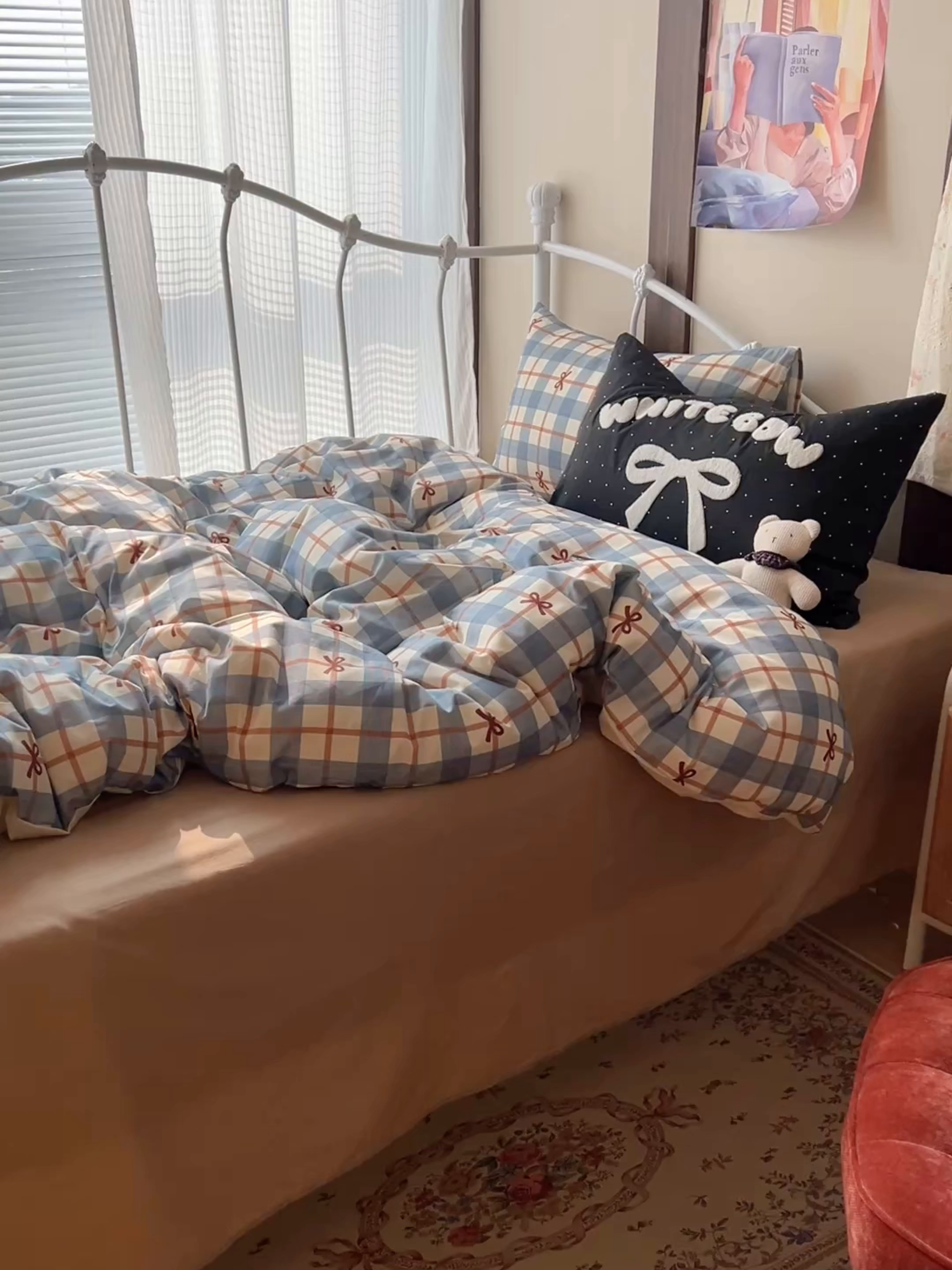 91家纺网 家纺一手货源 找家纺 桃子家居 2026新款A类全棉纯棉水洗棉蝴蝶结条纹小清新混搭毛巾绣枕套少女系四件套 水洗棉-海盐蝴蝶结蓝