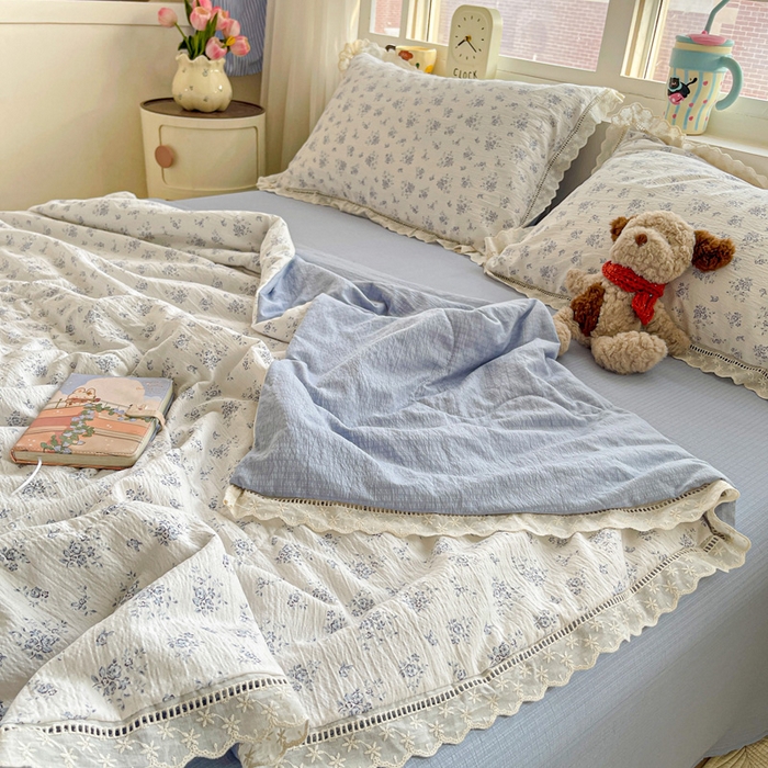 91家纺网 家纺一手货源 找家纺 梦纤绒 2026新款云感皱皱纱花边款夏被夏凉被空调被四件套 兰黛