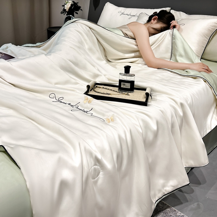 91家纺网 家纺一手货源 找家纺 红嘴企鹅 2026新款浪漫蝴蝶冰丝夏被夏凉被空调被 浪漫-奶白+清香绿