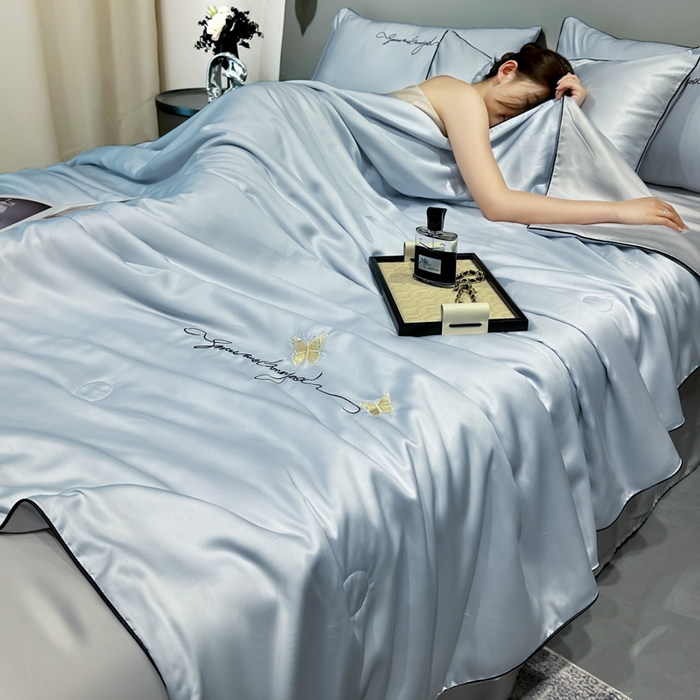 91家纺网 家纺一手货源 找家纺 红嘴企鹅 2026新款浪漫蝴蝶冰丝夏被夏凉被空调被 浪漫-蓝色+银灰