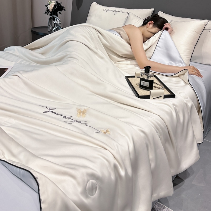 红嘴企鹅 2026新款浪漫蝴蝶冰丝夏被夏凉被空调被 浪漫-奶白+蓝色