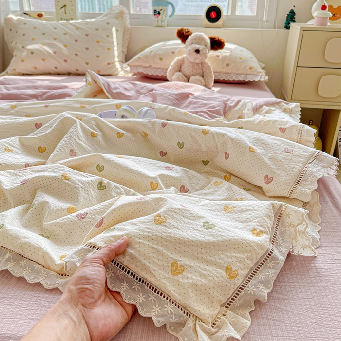 梦纤绒 2026新款云感皱皱纱花边款夏被夏凉被空调被四件套 心动