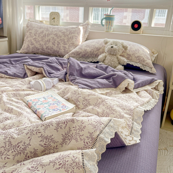 91家纺网 家纺一手货源 找家纺 梦纤绒 2026新款云感皱皱纱花边款夏被夏凉被空调被四件套 紫苏