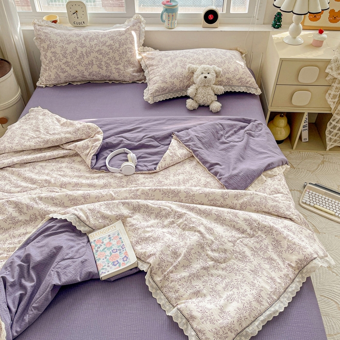 91家纺网 家纺一手货源 找家纺 梦纤绒 2026新款云感皱皱纱花边款夏被夏凉被空调被四件套 紫苏