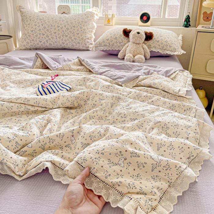 梦纤绒 2026新款云感皱皱纱花边款夏被夏凉被空调被四件套 花园兔
