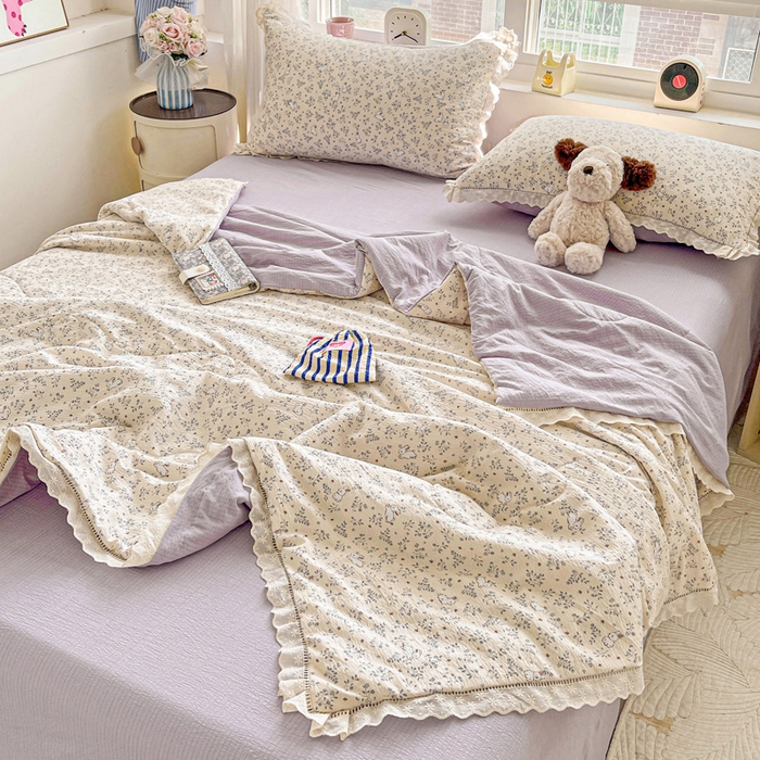 91家纺网 家纺一手货源 找家纺 梦纤绒 2026新款云感皱皱纱花边款夏被夏凉被空调被四件套 花园兔