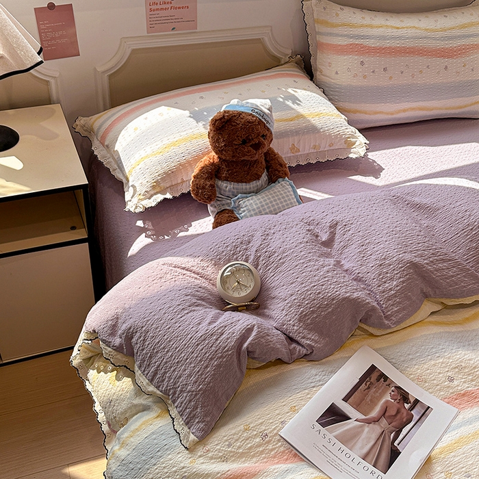 91家纺网 家纺一手货源 找家纺 一比一家纺 2026新款法式花边泡芙纱四件套 彩蝶