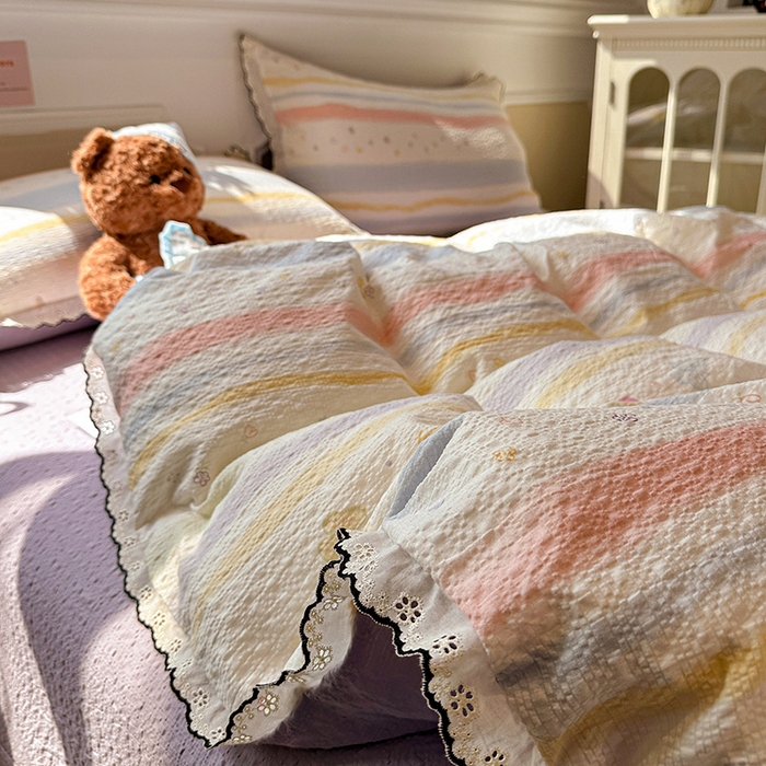 91家纺网 家纺一手货源 找家纺 一比一家纺 2026新款法式花边泡芙纱四件套 彩蝶