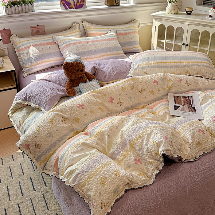 91家纺网 家纺一手货源 找家纺 一比一家纺 2026新款法式花边泡芙纱四件套 彩蝶