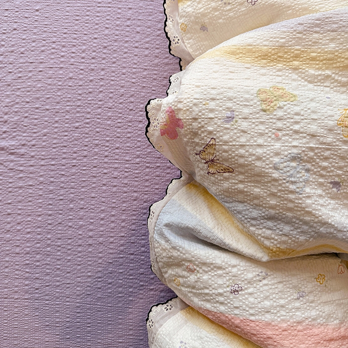 91家纺网 家纺一手货源 找家纺 一比一家纺 2026新款法式花边泡芙纱四件套 彩蝶