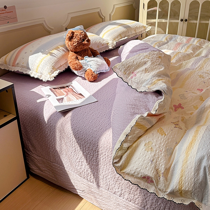 91家纺网 家纺一手货源 找家纺 一比一家纺 2026新款法式花边泡芙纱四件套 彩蝶