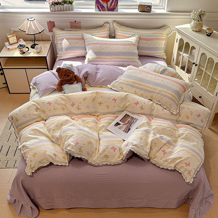 91家纺网 家纺一手货源 找家纺 一比一家纺 2026新款法式花边泡芙纱四件套 彩蝶