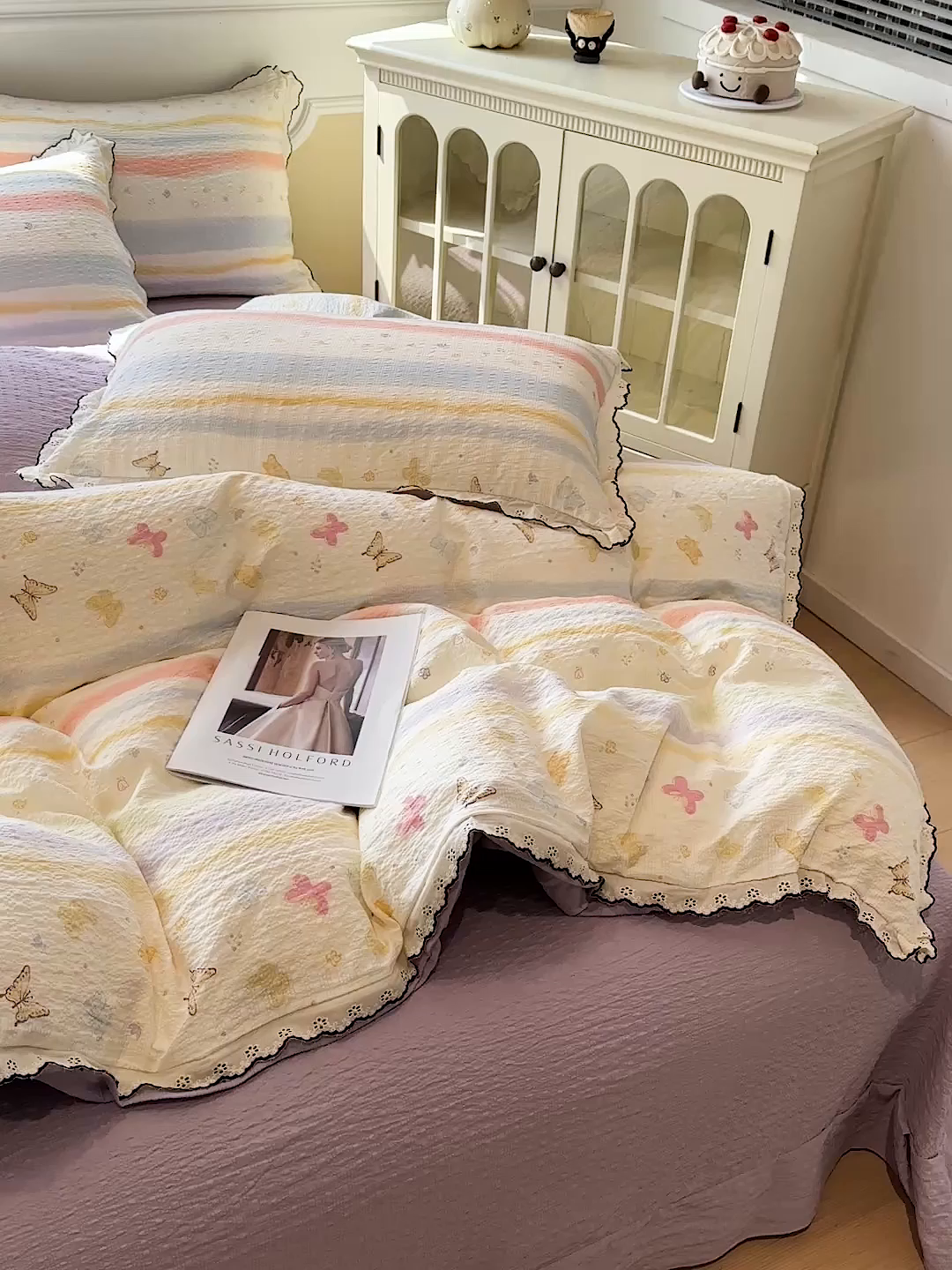 91家纺网 家纺一手货源 找家纺 一比一家纺 2026新款法式花边泡芙纱四件套 彩蝶