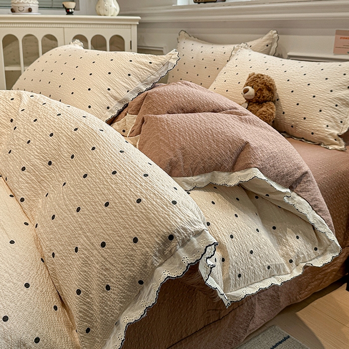 一比一家纺 2026新款法式花边泡芙纱四件套 焦糖豆豆