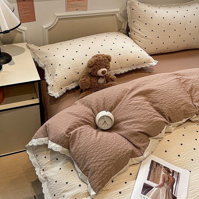 91家纺网 家纺一手货源 找家纺 一比一家纺 2026新款法式花边泡芙纱四件套 焦糖豆豆