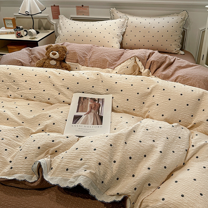 91家纺网 家纺一手货源 找家纺 一比一家纺 2026新款法式花边泡芙纱四件套 焦糖豆豆