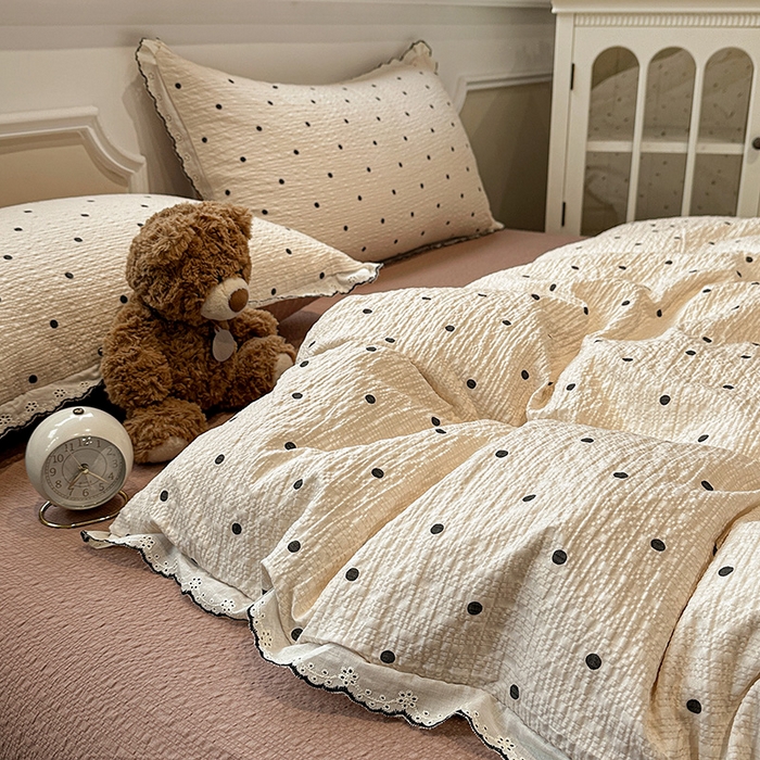 91家纺网 家纺一手货源 找家纺 一比一家纺 2026新款法式花边泡芙纱四件套 焦糖豆豆