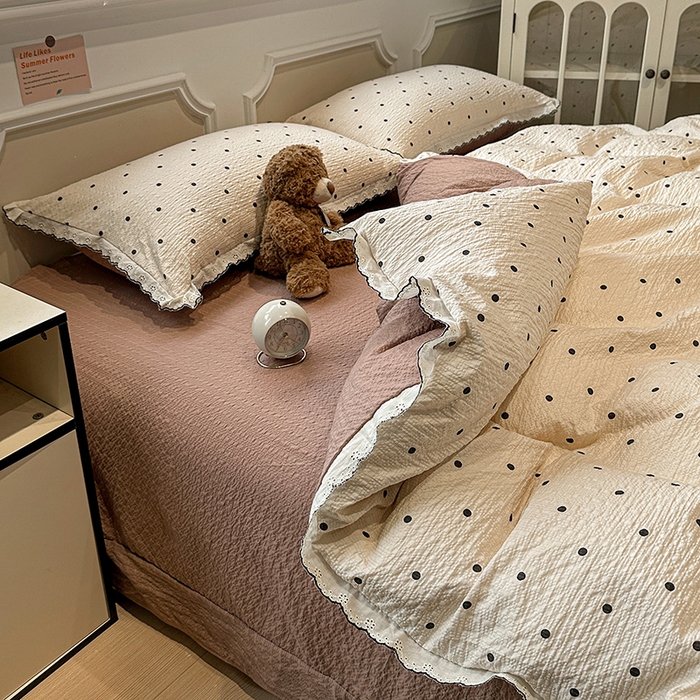 91家纺网 家纺一手货源 找家纺 一比一家纺 2026新款法式花边泡芙纱四件套 焦糖豆豆