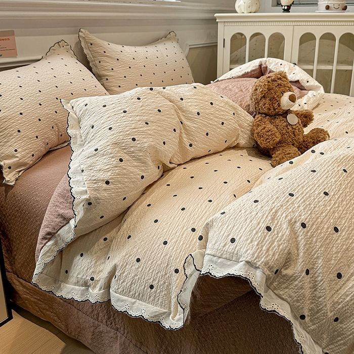 91家纺网 家纺一手货源 找家纺 一比一家纺 2026新款法式花边泡芙纱四件套 焦糖豆豆