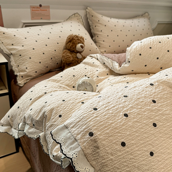 91家纺网 家纺一手货源 找家纺 一比一家纺 2026新款法式花边泡芙纱四件套 焦糖豆豆