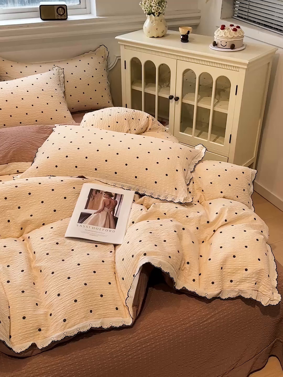 91家纺网 家纺一手货源 找家纺 一比一家纺 2026新款法式花边泡芙纱四件套 焦糖豆豆