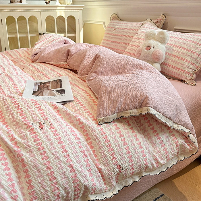 91家纺网 家纺一手货源 找家纺 一比一家纺 2026新款法式花边泡芙纱四件套 奶芙小狗