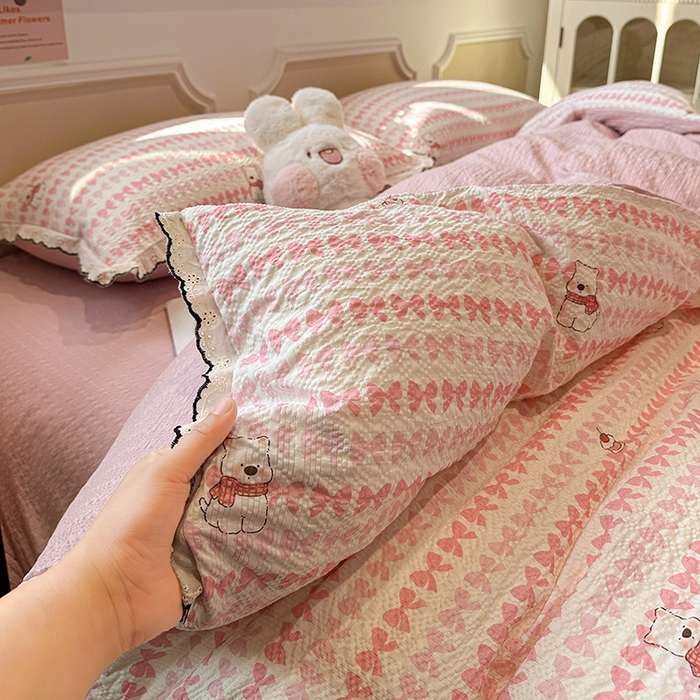 91家纺网 家纺一手货源 找家纺 一比一家纺 2026新款法式花边泡芙纱四件套 奶芙小狗