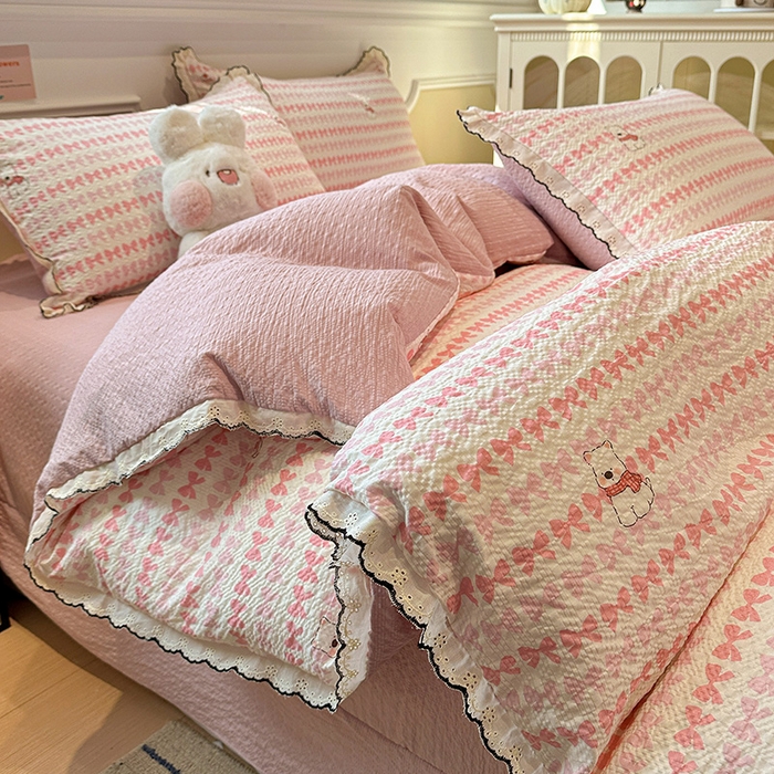 91家纺网 家纺一手货源 找家纺 一比一家纺 2026新款法式花边泡芙纱四件套 奶芙小狗