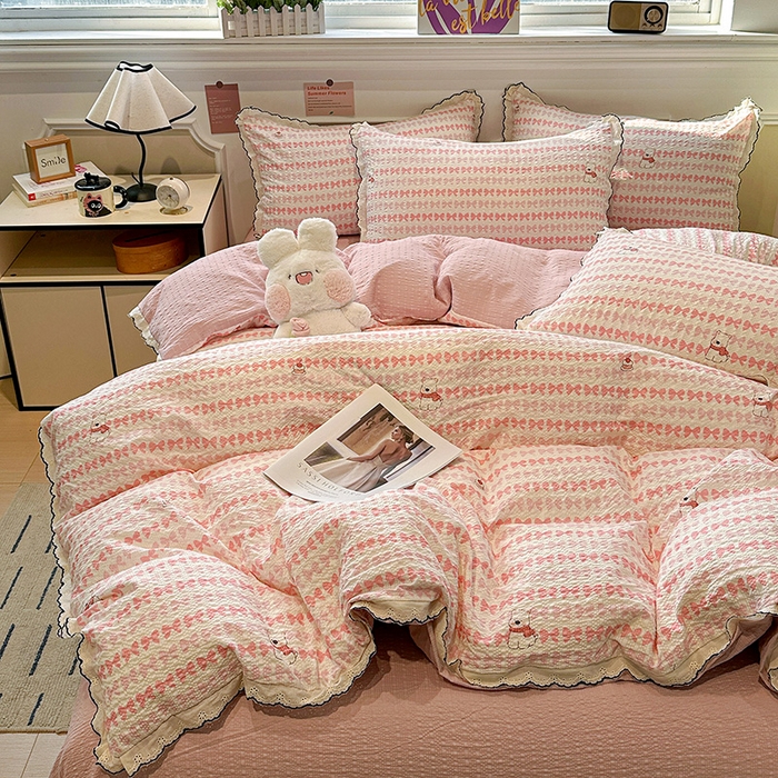 91家纺网 家纺一手货源 找家纺 一比一家纺 2026新款法式花边泡芙纱四件套 奶芙小狗