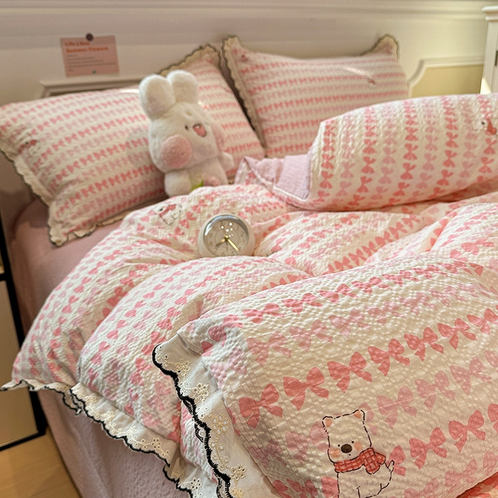 91家纺网 家纺一手货源 找家纺 一比一家纺 2026新款法式花边泡芙纱四件套 奶芙小狗