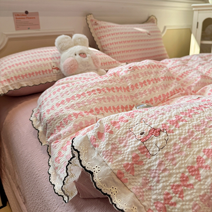 91家纺网 家纺一手货源 找家纺 一比一家纺 2026新款法式花边泡芙纱四件套 奶芙小狗