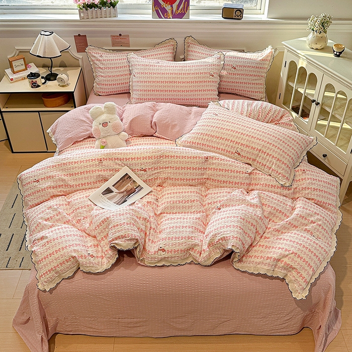 91家纺网 家纺一手货源 找家纺 一比一家纺 2026新款法式花边泡芙纱四件套 奶芙小狗