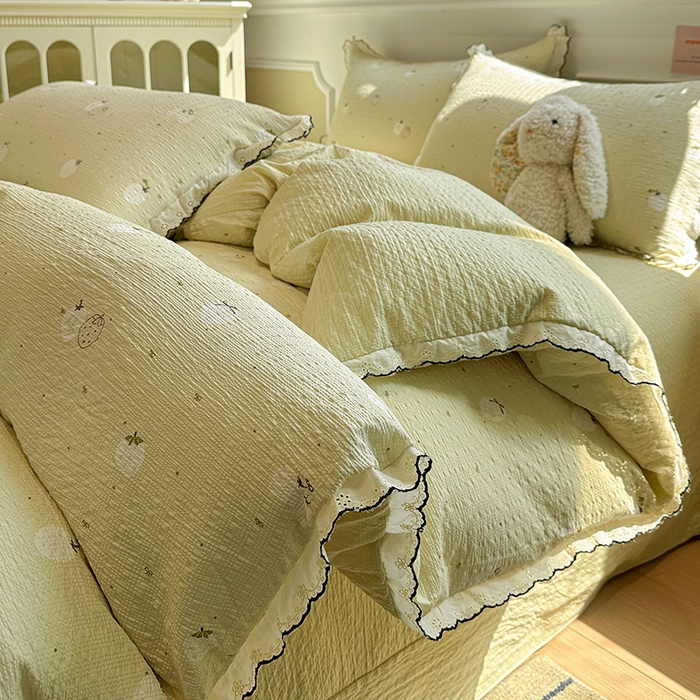 一比一家纺 2026新款法式花边泡芙纱四件套 青甜