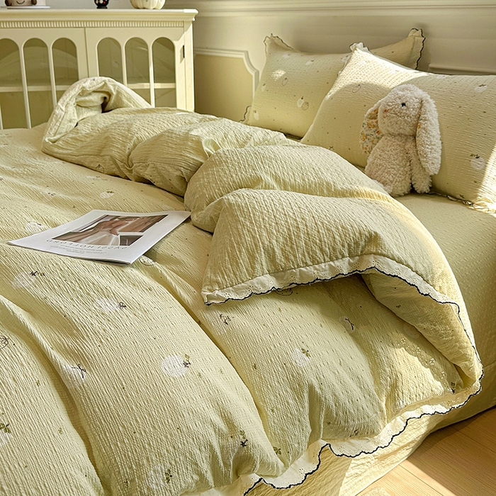 91家纺网 家纺一手货源 找家纺 一比一家纺 2026新款法式花边泡芙纱四件套 青甜