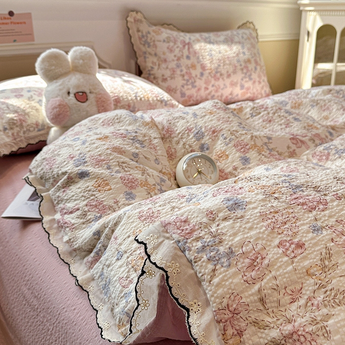 91家纺网 家纺一手货源 找家纺 一比一家纺 2026新款法式花边泡芙纱四件套 柔诗意